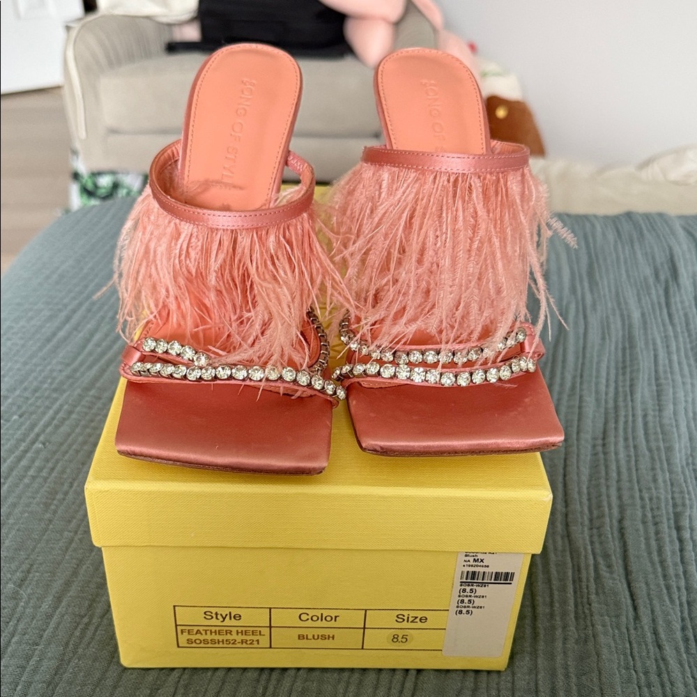Song of Style Pink Feather Heels NWT